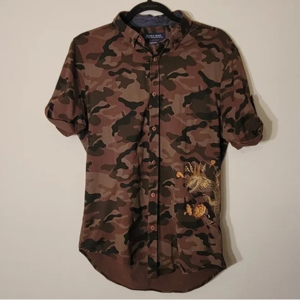 Zara Man Short Sleeve Button Up with Camo Print and Dragon Embroidery